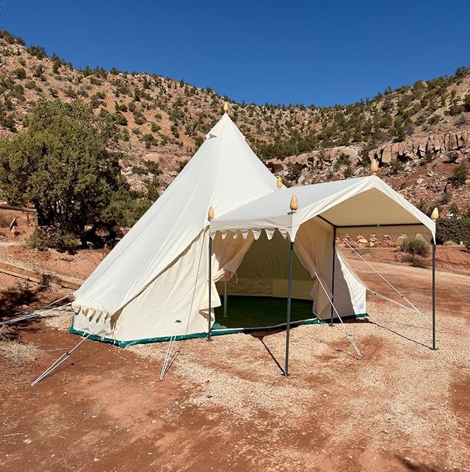 AM&HAIBEI 19.68×13.1ft Canvas Bell Tent for Glamping, 4-Season Yurt with Porch, Heavy Cotton Canvas Design for Outdoor Living