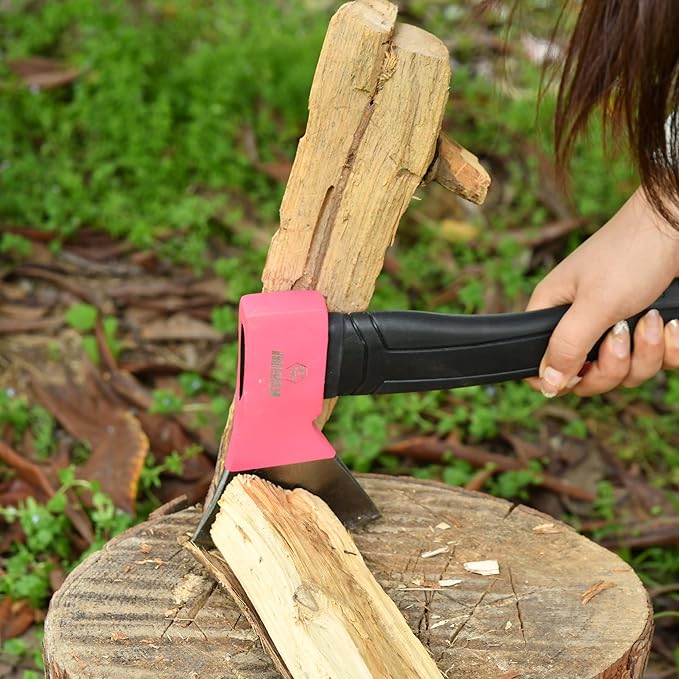 KSEIBI Hatchet with Sheath, Camping Axe for Splitting and Kindling Wood, Forged Steel Blade with Anti-Slip and Shock Reduction Handle Great Throwing Hatchets Pink