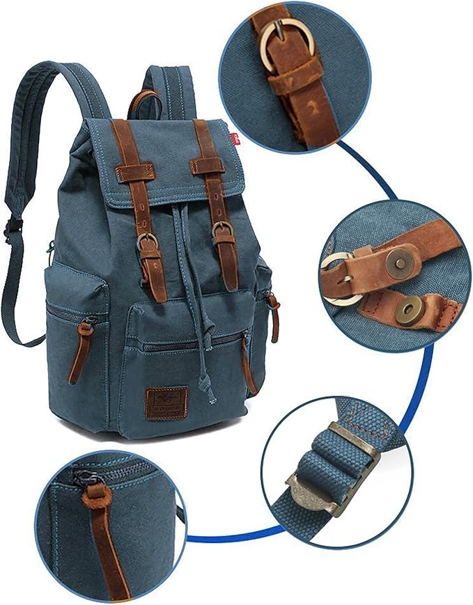 HuaChen Vintage Canvas Travel Backpack with Leather Trim, Laptop Padded Sleeve, Hidden Back Security Pocket, Fits 14-Inch, M32 Blue