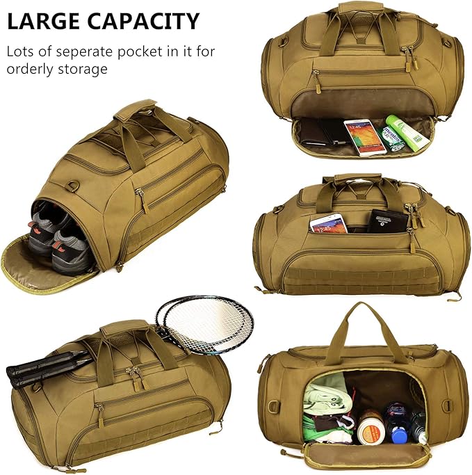 Protector Plus Tactical Duffle Bag Men Sports Gym Backpack Military MOLLE Luggage Suitcase Travel Camping Outdoor Rucksack (Rain Cover & Patch Included), Brown, 35L