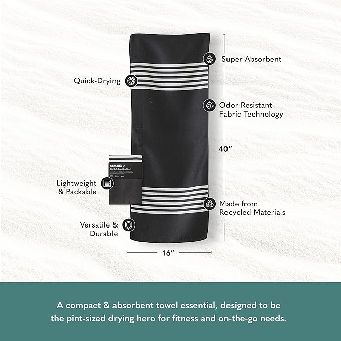 Nomadix Mini Towel - Perfect for The Gym, Biking, Hiking, Golf, & More - Made with Recycled Materials - Super Absorbent - Quick Dry - Sand Resistant - Poolside Black - 40x16 in