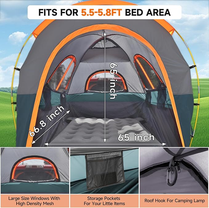 Umbrauto Truck Bed Tent with Awning: 5.5-5.8FT PU3000mm Waterproof Tailgate Pickup Truck Tents, Easy Set-up for 2 Person, Fits Full Size Short Bed, Chevy, Dodge, Ford, GMC, Green