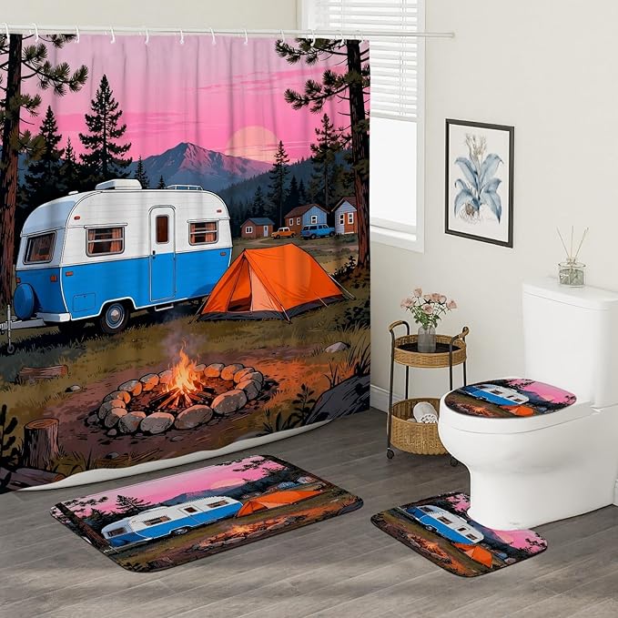 Camping Shower Curtain Sets, Outdoor Adventure Tent Campfire Summer Blue Waterproof Fabric Bathroom Cloth Shower Curtain and Rug Set for Home Bath Toile Hotel Decor 72x72 Inch