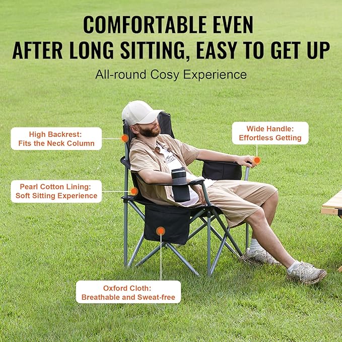 VEVOR Camping Folding Chair, Portable Heavy Duty Outdoor Quad Lumbar Back Padded with Side Pockets, Cup Holder and Cooler Bag for Beach, Lawn, Picnic, Fishing, Backpacking, Black