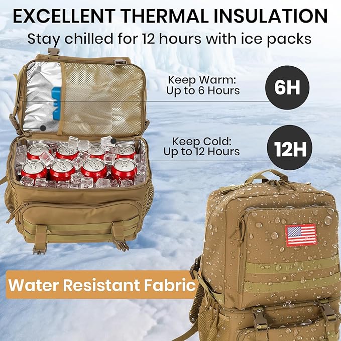 Tactical Cooler Backpack for Men, 41L Insulated Leakproof Lunch Backpack with 16” Laptop Compartment, Heavy Duty Double Deck Soft Cooler Bag for Work, Fishing, Camping, Hiking – Coyote Tan