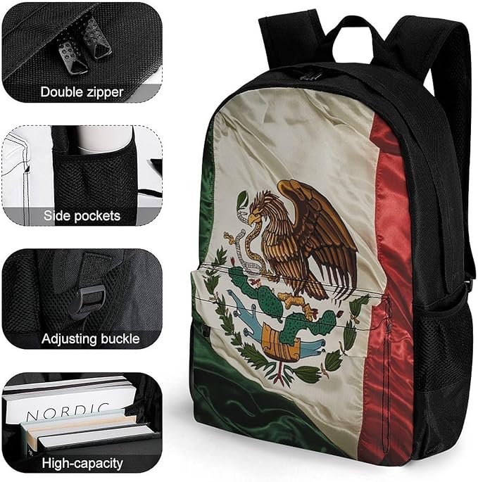 Daypack Anti-Theft Multipurpose Large Capacity Shoulder Bag, Retro Mexico Flag Travel Hiking Camping Rucksack With Smooth Zippers