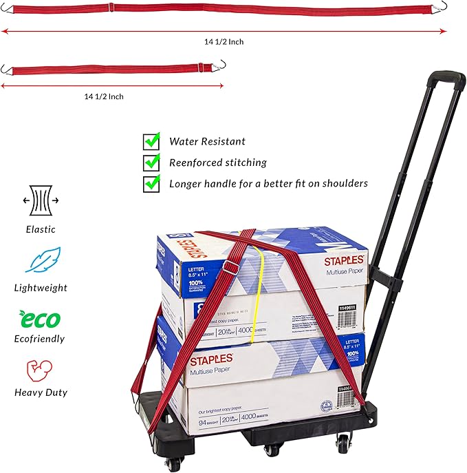 dbest Products Trolley Dolly High-Tension Power Adjustable 63' Flat Bungee Cord with Hooks and Buckle Heavy Duty Elastic Strap Max Stretch Tie Downs Moving Outdoor