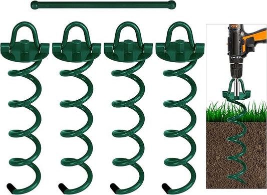 FEED GARDEN 12.2 Inch Spiral Ground Anchors Heavy Duty Screw in Spiral Stakes 4 Pack Folding Ring Ground Stakes for Securing Dogs,Tents, Trampolines, Canopies, Swing Sets,Green