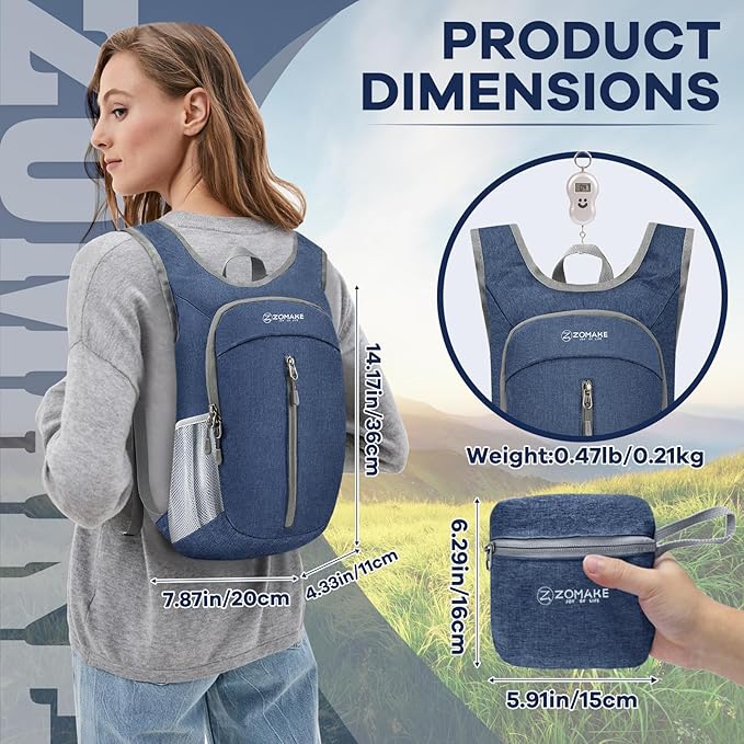 ZOMAKE 10L Ultra Lightweight Packable Backpack, Small Daypack Light Foldable Backpacks Water Resistant Day Bag for Hiking(Navy Blue)