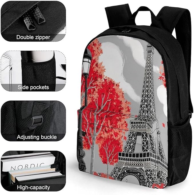 Supdreamc Rucksack Polyester Anti-Theft Multipurpose Paris European City Landscape France Eiffel Tower Oil Art Carry On Bag Large Capacity Travel and Sport Backpack Rucksack With Smooth Zippers