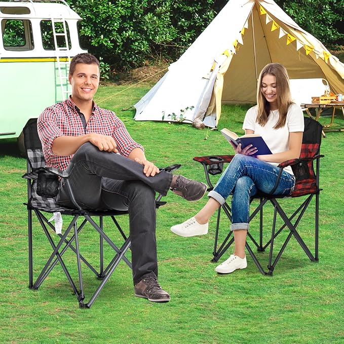 SUNNYFEEL Oversized Folding Camping Chair 2 Pack 800 LBS Heavy Duty for Big Tall People Red Padded Portable Collapsible Chairs with Armrest Cup Holder & Pocket for Outdoor Travel Picnic Camp Sports
