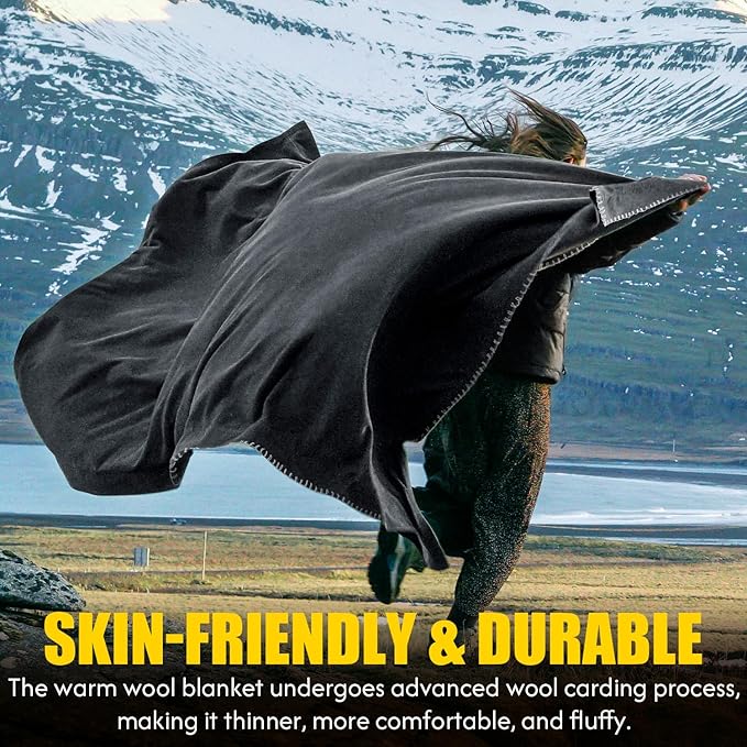 100% Wool Blanket, 62" x 86", Warm, Thick, Washable, Military Wool Blanket, Great for Camping, Outdoors, Sporting Events, Survival Kits