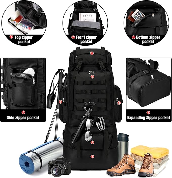 70L/100L Large Camping Hiking Backpack with Rain Cover, Waterproof Molle Rucksack Military Tactical Backpack, Lightweight Backpacking Daypack for Trekking Climbing Outdoor