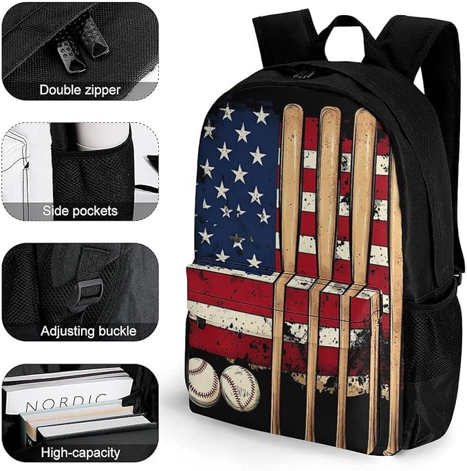 Supdreamc Adults Lightweight Patriotic Usa Retro American Flag Baseball Print Shoulder Book Bags Big Capacity Shoulder Bag With Adjustable Shoulder Straps for Trekking Work Walking Cycling