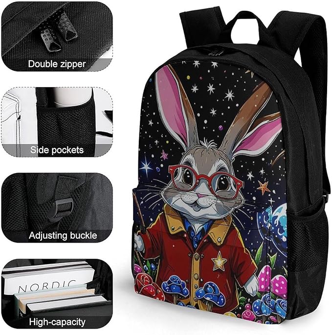 Men Women Lightweight Psychedelic Rabbit Space Mushroom Art Casual Daypack Large Capacity Bookbag With Adjustable Shoulder Straps for Gym Business Bicycle