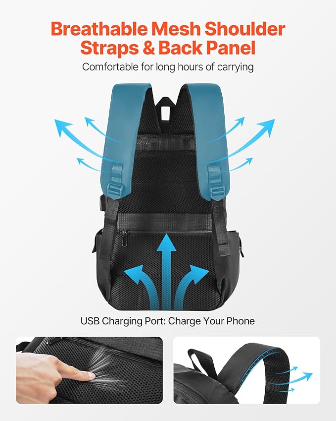 VEVOR Lightweight Backpack, 26 L Travel Hiking Backpack, Water-Resistant Backpacks with USB Charging Port and Anti-Theft Pocket, Fits 15.6 in Laptop, for Men & Women Travel Camping Riding