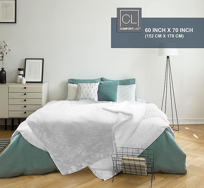 Comfort Lab Reversible Flannel Sherpa Throw Blanket - Elegant Fluffy Throw Blankets for Couch and Home Decor - Anti Pilling Non Shedding Cozy & Warm Fleece Throws - Oversize Throw (60" x 70") - White