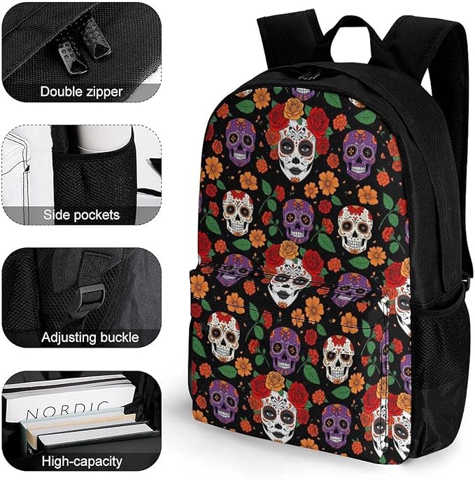 Supdreamc Polyester Daypack Bookbag for Gym Business Bicycle, Large Capacity Multipurpose Anti-Theft Carry On Bag, Day Of Dead Halloween Sugar Skulls Roses Travel Hiking Daypack