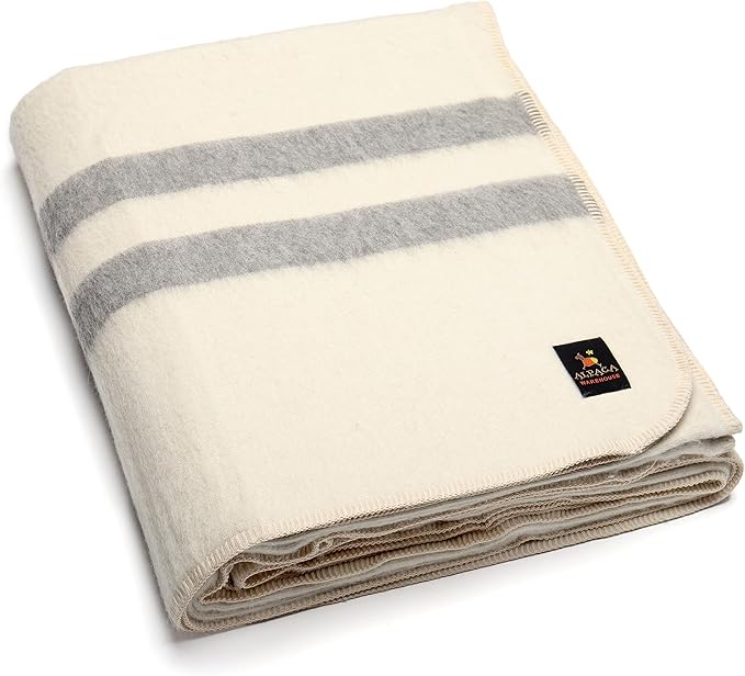 Thick Alpaca Wool Blanket Heavyweight Camping Outdoors Indoors Soft Peru King Size Stripes Design (Ivory - Soft Gray, King Size)