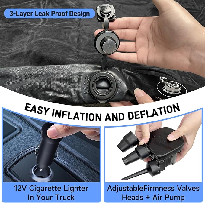 Truck Bed Air Mattress, Full Size Truck Beds, Inflatable Air Mattress Bed with Air Pump 2 Pillows, Carry Bag, Pickup Bed Air Mattress for Chevrolet Silverado, Dodge Ram, Ford, Black