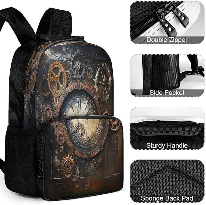 Shoulder Book Bags Polyester Multipurpose Anti-Theft Vintage Steampunk Clocks Carry On Bag Large Capacity Travel Hiking Camping Rucksack