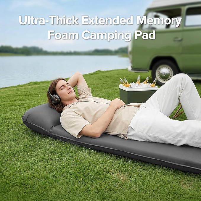 Memory Sleeping Pad, 3.1" Ultra-Thick Outdoor Foam Camping Sleeping Mat with Pillow, Easy Inflate & Deflate, 9.5 R-Value, Waterproof 4-Season Camping Mat for Backpacking Hiking Tent Car (Gray)
