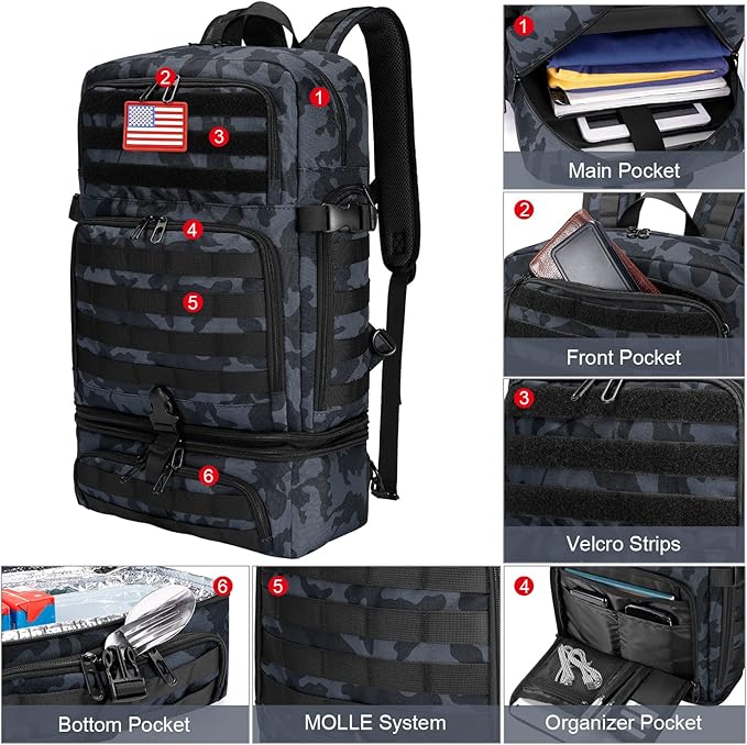 BERTASCHE Lunch Backpack for Men, 15.6 Inch Laptop Backpack for Work College Travel Camping Tactical Molle Daypack, Camo Navy