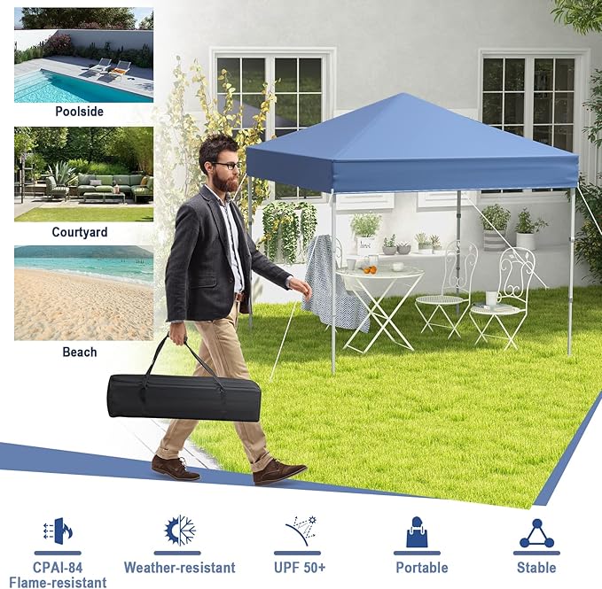 6.6 x 6.6 Ft Pop Up Canopy, 1 Person Instant Setup Canopy Tent with Push Center Lock, 8 Stakes, 4 Ropes & Carrying Bag, Portable Easy Up Gazebo Shelter for Outdoor Camp, Beach, Patio & Party