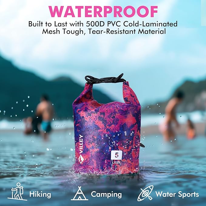 VILLEY Dry Bag Waterproof 5L Roll Top Storage Backpack, Keeps Gear Dry Lightweight Backpack for Kayaking Boating Camping Swimming and Beach Accessories Red Camo
