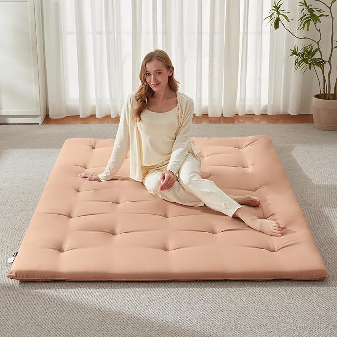 Japanese Floor Futon Mattress Queen Size 60"x 80", Foldable Bed Mattress, Portable Tatami Mat Sleeping Pad, Folding Futon Cushion, Roll Up Floor Lounger for Guest Room Dormitory (Khaki)