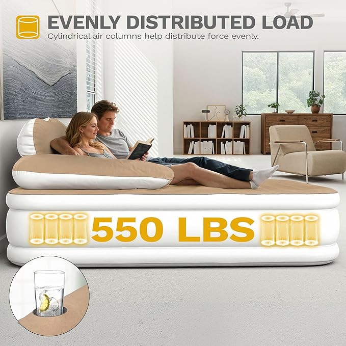 DWVO FullXL Size Air Mattress with Headboard & Cup Holders, Blow Up Bed with Built-in Pump & Carry Bag, Fast Inflation Air Bed for Home, Guests & Camping, 80" x 53" x 18", Brown