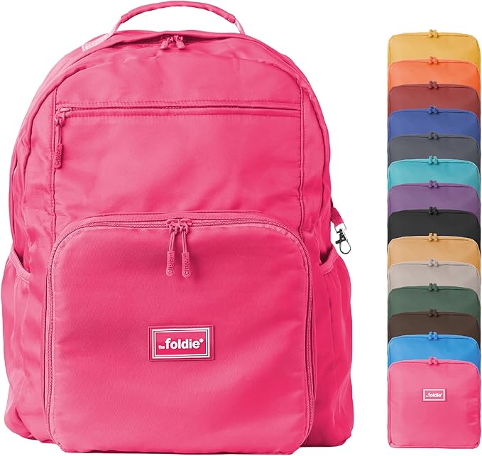 The Foldie Packable Backpack for Travel 32L - Lightweight Foldable Backpacks with Trolly Sleeve & RFID Protection - Water-repellent Casual Daypack Backpacks for Hiking, Camping & Gym - Pink