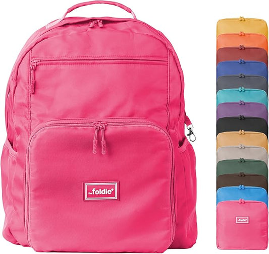 The Foldie Packable Backpack for Travel 32L - Lightweight Foldable Backpacks with Trolly Sleeve & RFID Protection - Water-repellent Casual Daypack Backpacks for Hiking, Camping & Gym - Pink