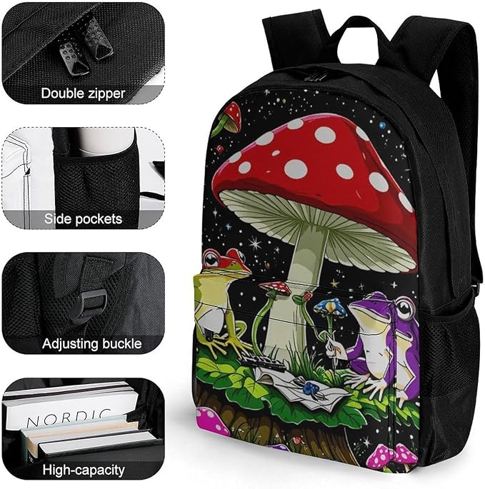 Rucksack Multipurpose Anti-Theft Big Capacity Shoulder Bag, Psychedelic Mushroom Trippy Magic Frog Art Travel Hiking Camping Rucksack With Side Pockets