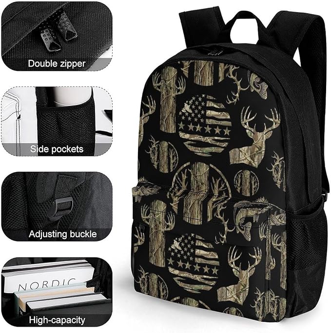 Lightweight Daypack Bookbag for Trekking Business Walking Cycling, Big Capacity Anti-Theft Multipurpose Carry On Bag, Hunting Deer Bass Camo Camouflage American Flag Black Business Computer Bag