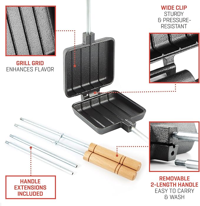 Uno Casa Pie Iron Sandwich Maker - Japanese Sandwich Maker with Recipe Book - Durable Campfire Cooking Equipment for Grilled Pies - Heavy Duty Cast Iron for Outdoor and Camping Adventures