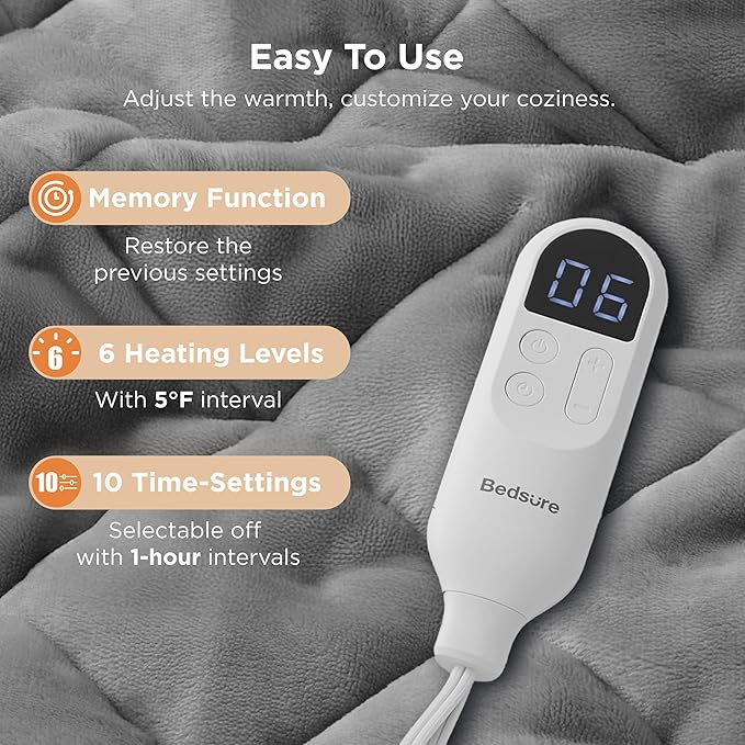 Bedsure Electric Blanket Full Size - Quilted Heated Blanket Full, Soft Flannel Thick Heating Blanket with 10 Time Settings & 6 Heat Settings, Warm Gifts for Women Men (72x84 inches, Formal Gray)