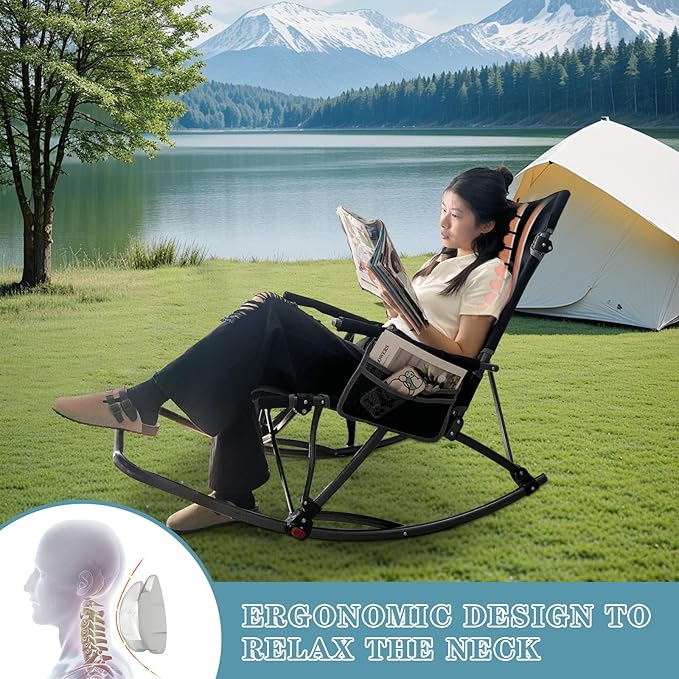Oversized Folding Low Rocking Camping Chair with Footrest Removable Pillow Portable Outdoor Rocker Padded High Back Ergonomic Armrests for Patio Garden Lawn