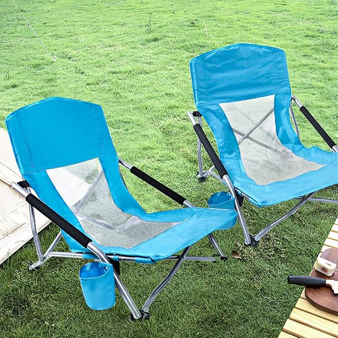 Camp Folding Beach Chair for Adults 2 Pack Chairs with Cup Holder Pocket Headrest Carry Bag for Outdoor, Beach, Camping, Lawn, Music Festival (Blue)