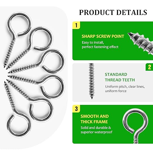 M5 20 Pcs 304 Stainless Steel Screws Eye,2.56 Inch Screw Self Tapping Eye,Load Bearing 200LB, Duty Eye Bolt for Wood Securing Cables Wire,Indoor & Outdoor Use (20, M5 2.56 Inch)