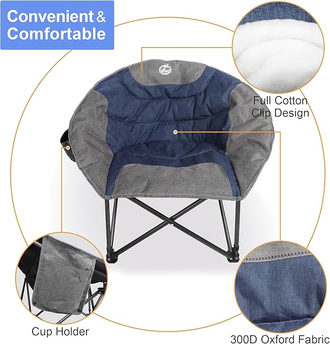 Northroad Folding Compact Camping Moon Chair, Outdoor Padded Saucer Round Chair w/Cup Holder Supports up to 300 lbs for Beach Hiking Fishing Picnic Lawn,Blue