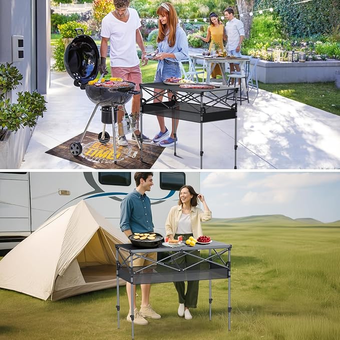 GARLLEN Folding Table for Camping, 2 Adjustable Height Portable Roll-up Picnic Table with Storage Net, Lightweight Aluminum Outdoor Table with Carrying Bag for Camping, BBQ, Beach, 39"L x 20"W
