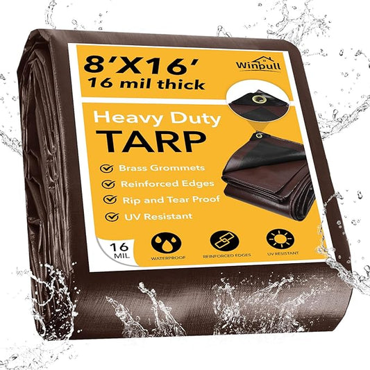 Tarp 8x16FT, 16 Mil Heavy Duty Waterproof Tarp, Large Multipurpose Cover with Brass Grommets and Reinforced Edges, UV Resistant Thick Poly Tarps for Outdoor Camping Tent Pool Car Tent