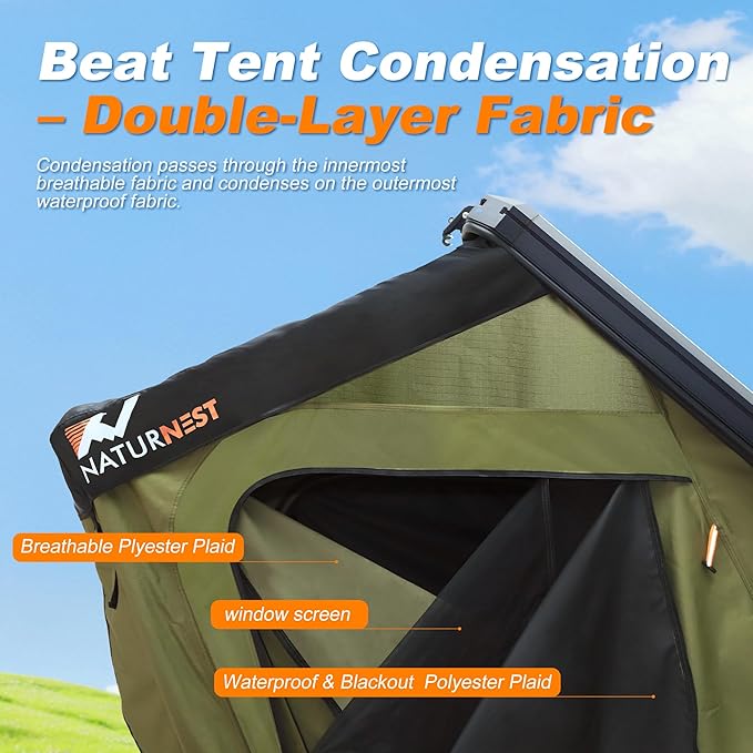 Naturnest Rooftop Tent Hard Shell, Easy Set Up Pop Up Tent for 2 Person Camping, Waterproof UV-Resistant Blackout Privacy 4 Season Tent for Truck, Jeep, SUV, Van, Trailer - Polaris 2
