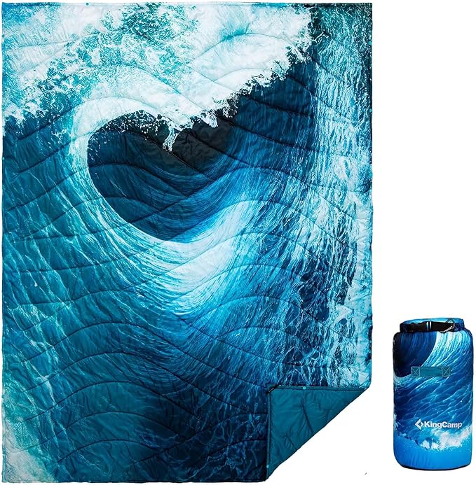 KingCamp Ultralight Camping Blanket, Packable Down Alternative Puffy Printed Wearable Blanket with Snap Buttons & Corner Loops Weatherproof Quilt for Outdoor Travel Stadium (79"L x 57"W SEAWAVE)