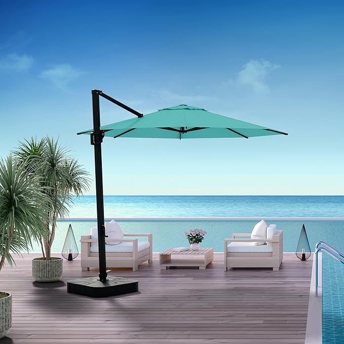 Midtown Umbrellas 10 Ft Outdoor Cantilever Patio Umbrella w/Sunbrella Aruba - Tilt 360° Rotate Offset Patio Umbrella, Deck Patio Umbrella, Backyard Umbrella & Garden Umbrella - Black Frame