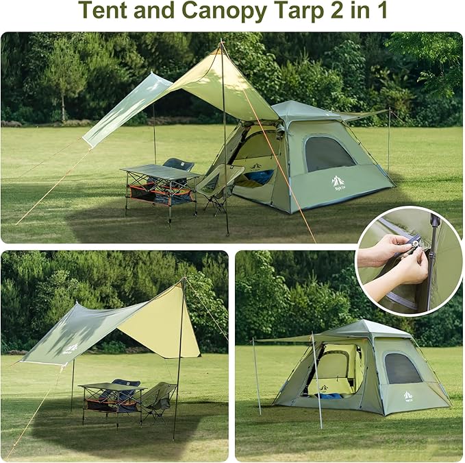 Night Cat 3-Person Camping Tent: Waterproof Instant Cabin Tent with Canopy Tarp for Family, 2-in-1 Canopy Tent with Porch Easy Setup