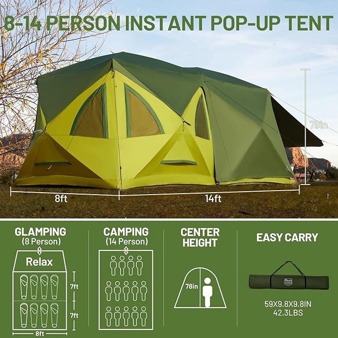 TIMBER RIDGE 4/6/8 Person Instant Pop Up Cabin Tent, Easy 60 Second Setup, Weather Resistant Camping Family Hub Tent with Rain Fly and Carry Bag for Outdoor Camping & Overlanding