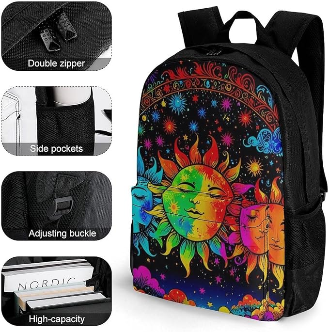 Supdreamc Men Women Polyester Mandala Triple Sun Hippie Trippy Psychedelic Boho Art Daypack Bookbag Big Capacity Shoulder Bag With Padded Straps for Climbing Travel Walking Cycling