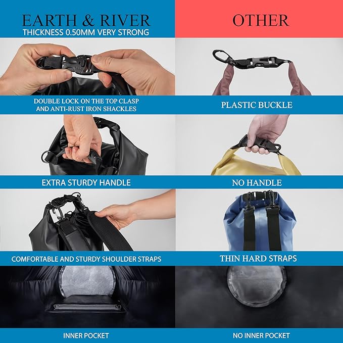 EARTH&RIVER Premium Dry Bag Backpack, Extra Thick, Protection for All Water Activities & Camping, Floating Lightweight Dry Bag with Inside Pocket Storage & IPX8 Waterproof Phone Case (Black, 20L)